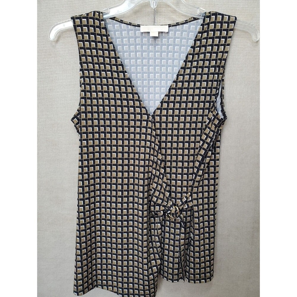 Michael Kors Geo Print Sleeveless Surplice Faux Wrap D-Ring Blouse Size Large
